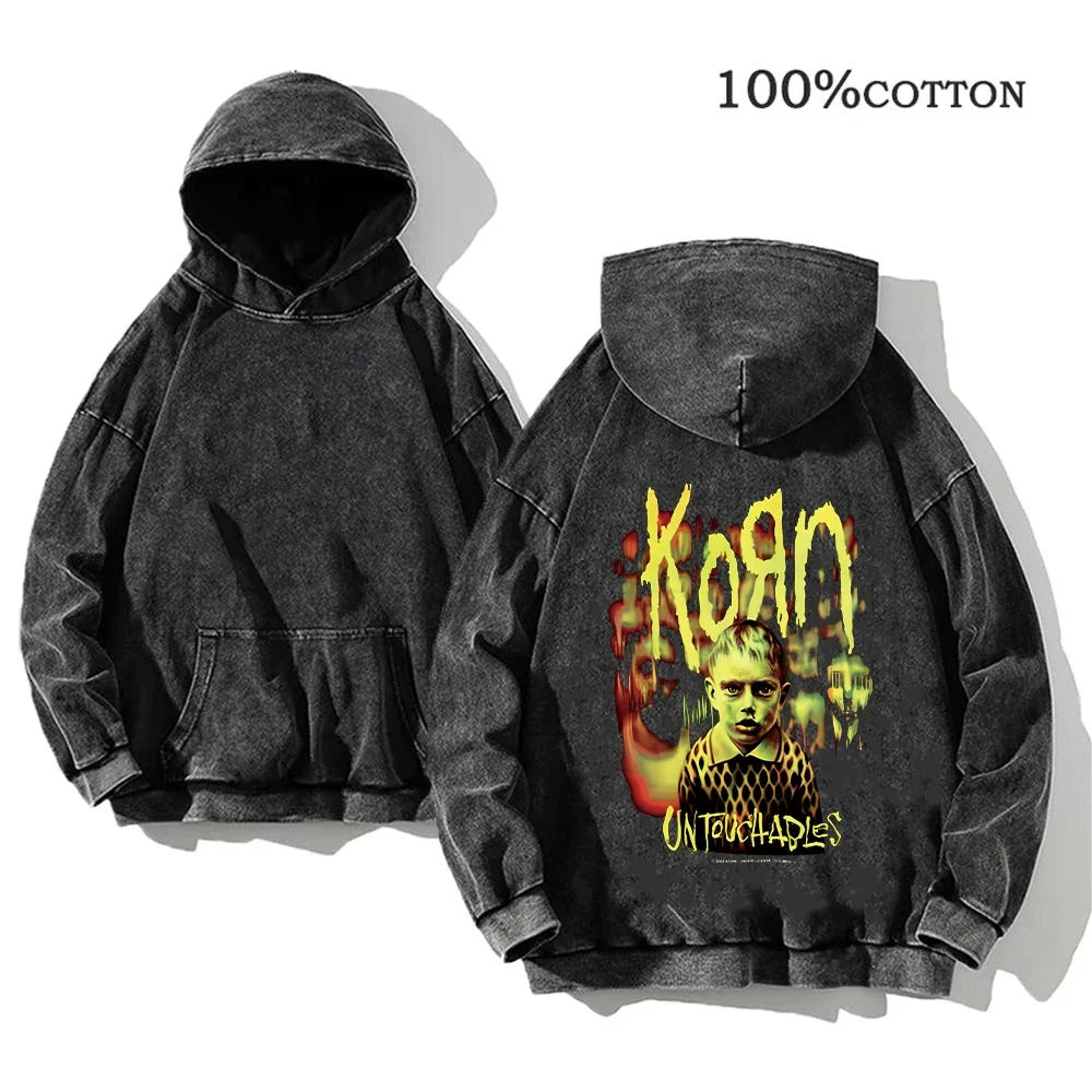 Hoodie Schwarz Grau Washed Oversize mit Band-Print Vorn & Hinten