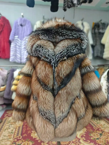 Fur coat with hood and striped pattern, short winter coat