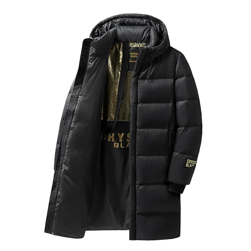 Langer Steppmantel mit Kapuze Schwarz Gepolsterte Winterjacke