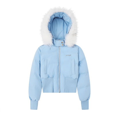 Women's short puffer jacket with faux-fur hood - winter jacket with zipper