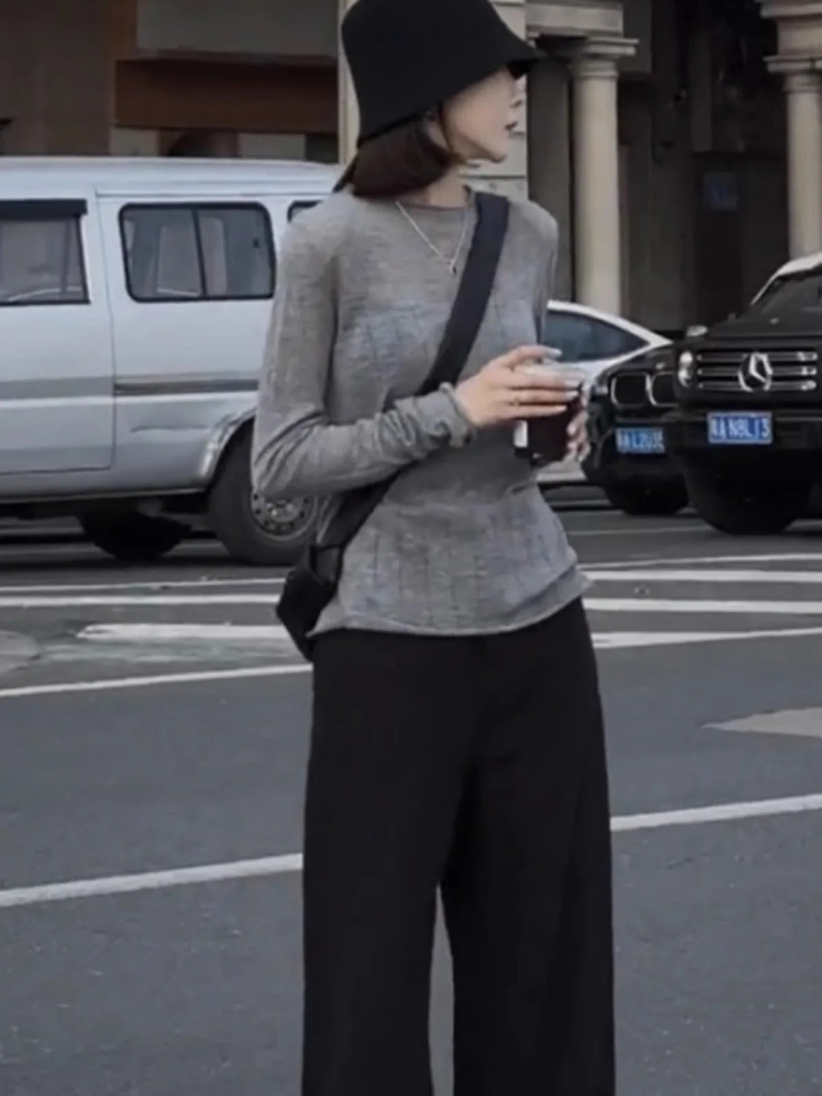 Women's Ribbed Long-Sleeved Shirt, Gray, Crew Neck, Stretch Look, Slim Fit