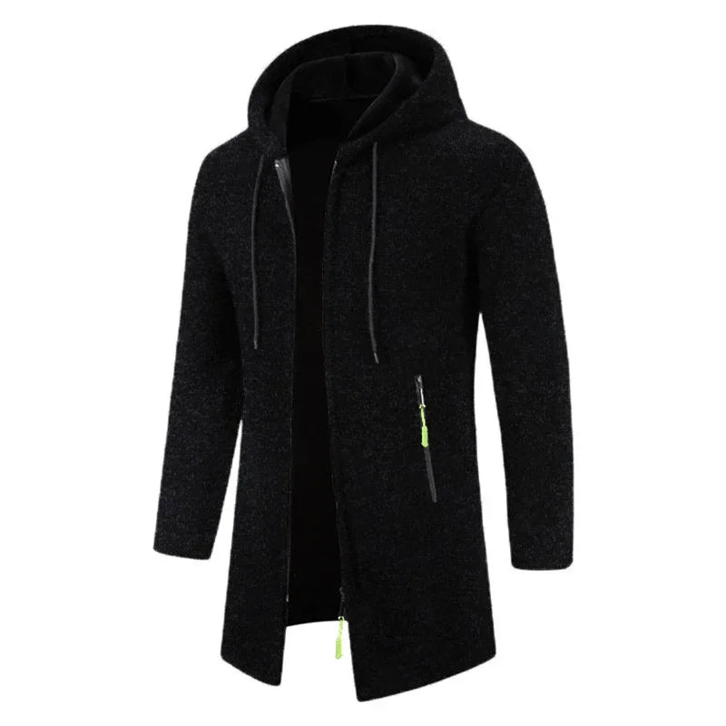 Herren Cardigan Strickjacke mit Kapuze und Reißverschlusstasche, Langarm