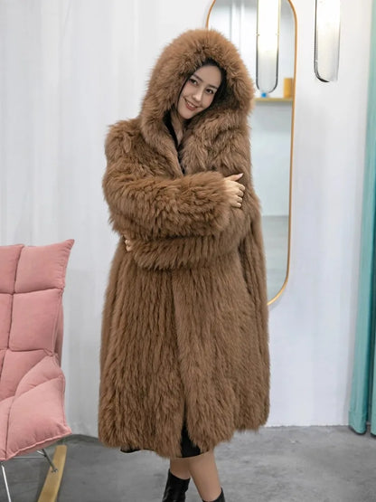 Long hooded coat with faux fur look