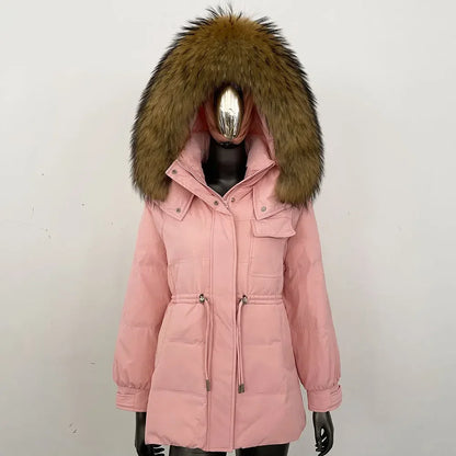 Women's winter parka jacket with fur hood and drawstring waist