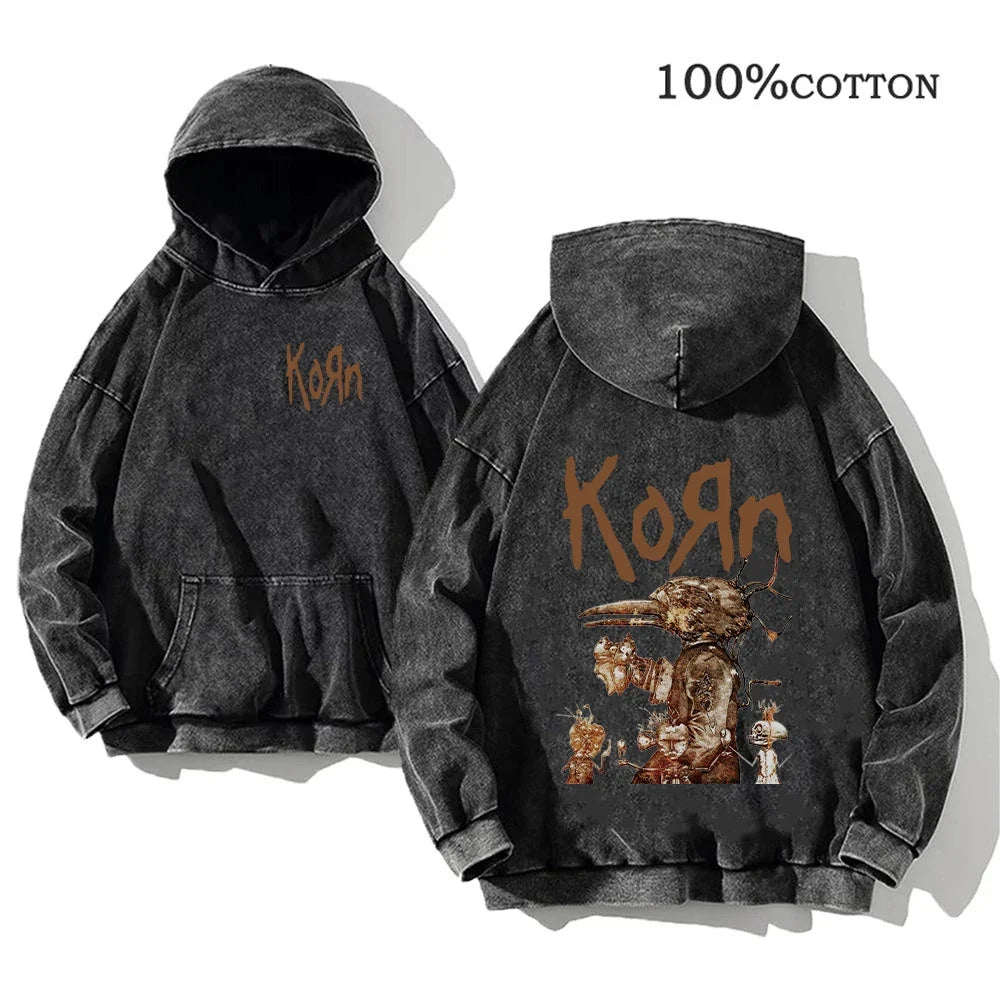 Hoodie Schwarz Grau Washed Oversize mit Band-Print Vorn & Hinten