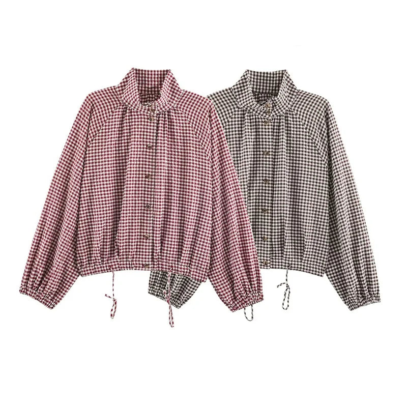 Damen Bluse mit Stehkragen und Vichy-Karo Muster – Langarm, verstellbarer Saum