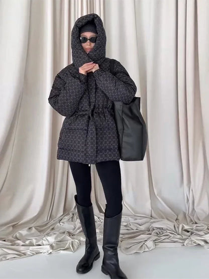 Women's down jacket, winter jacket, puffer jacket with hood, stand-up collar, and adjustable waist