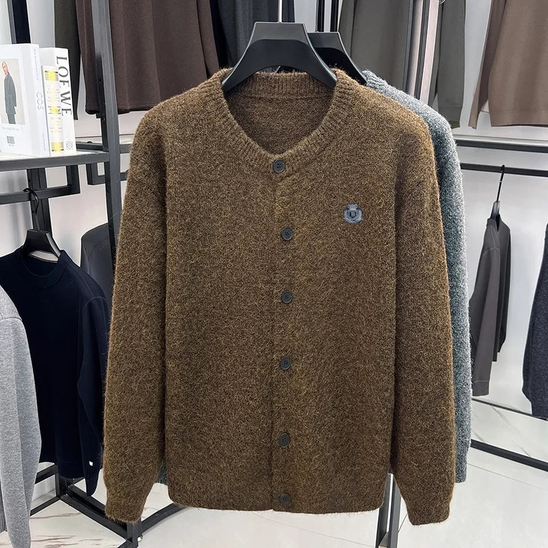 Men's crew-neck cardigan with button placket and emblem, gray/brown