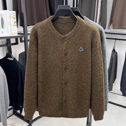 Men's crew-neck cardigan with button placket and emblem, gray/brown