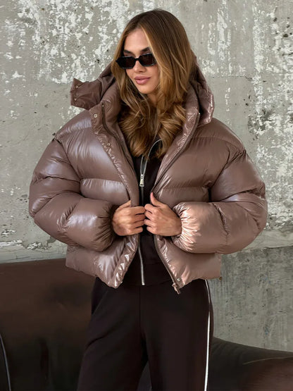 Damen Steppjacke Glänzend Kurz mit Kapuze