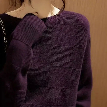 Women's purple sweater with checkered pattern, crew neck