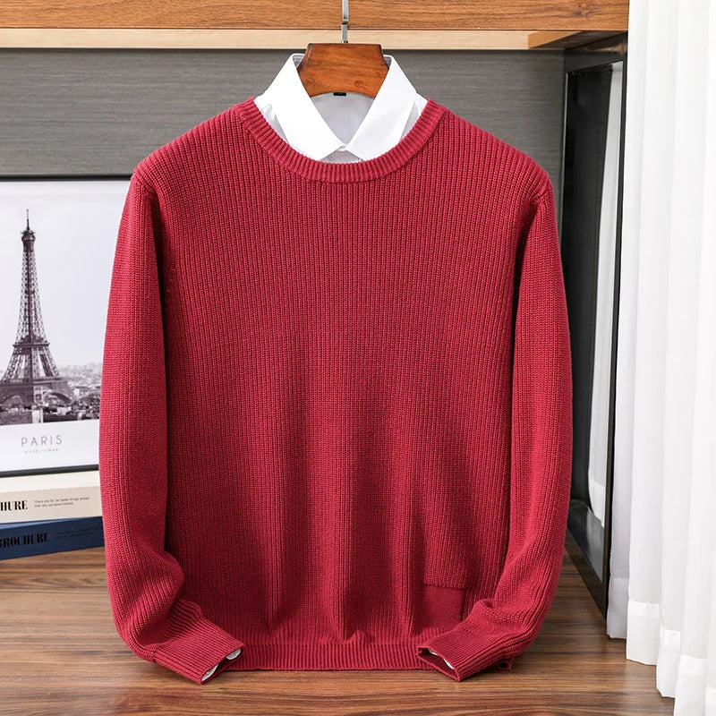 Men's crew-neck knit pullover ribbed solid-color long-sleeve