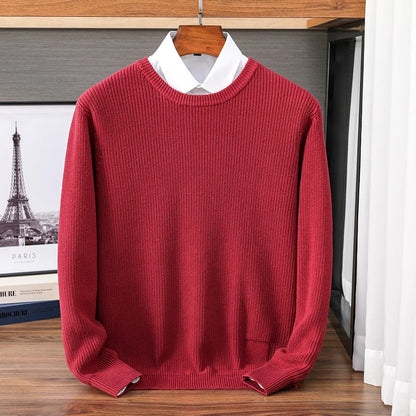Men's crew-neck knit pullover ribbed solid-color long-sleeve