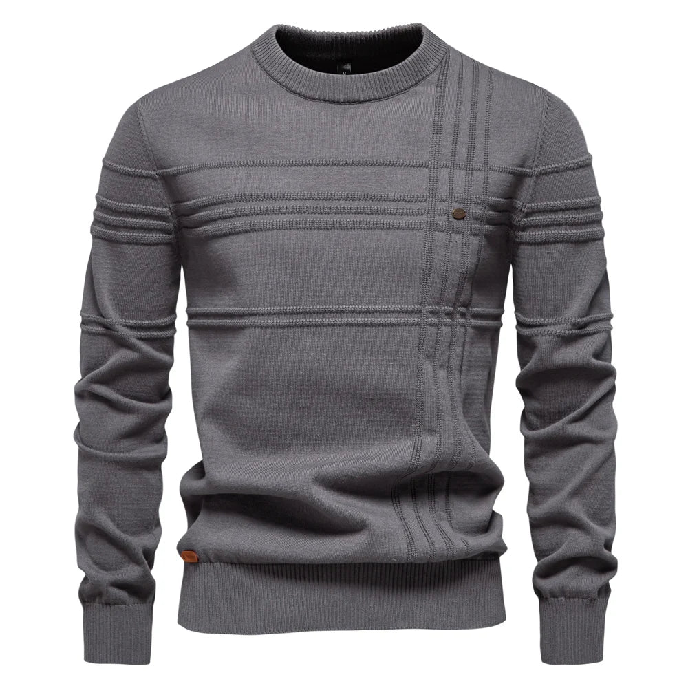 Men's crew-neck sweater ribbed texture beige