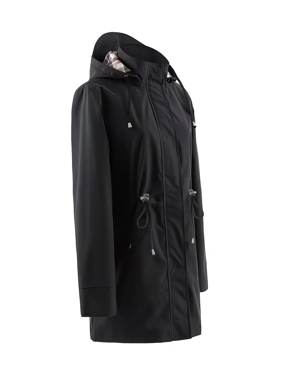 Black women's rain jacket with checked pattern, lined, windproof, breathable