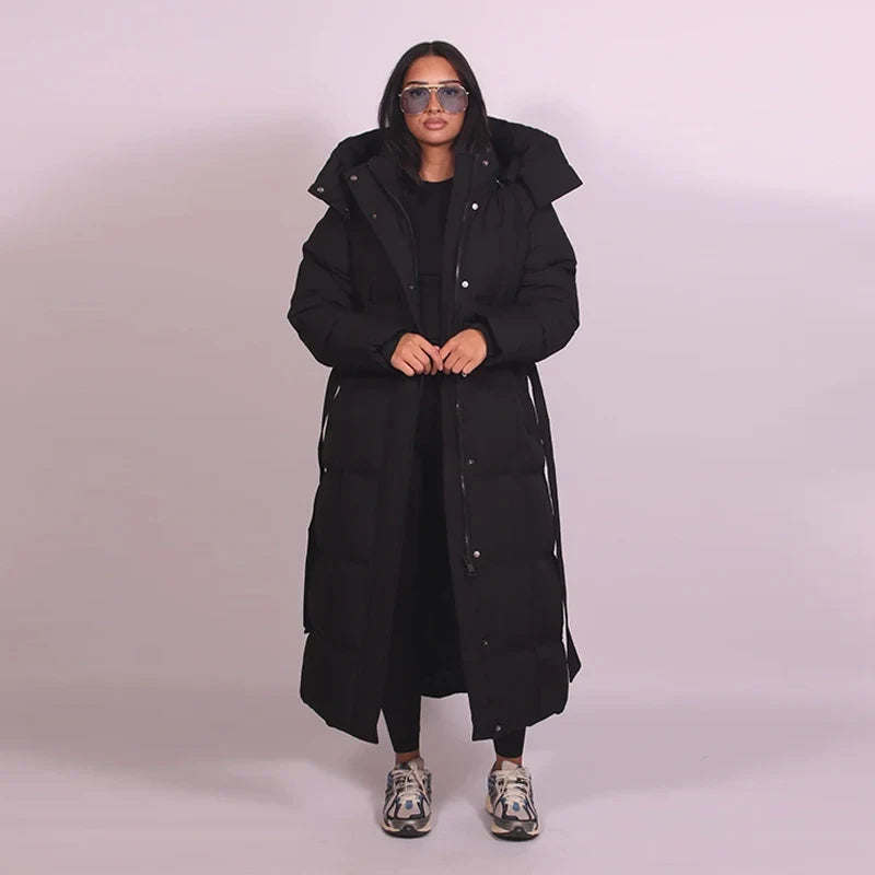 Long women's quilted coat with belt - Dark brown/Black with/without hood