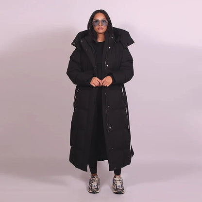 Long women's quilted coat with belt - Dark brown/Black with/without hood