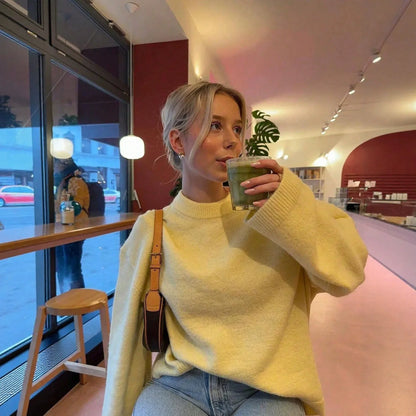 Yellow women's sweater, crew neck, long sleeve, relaxed fit