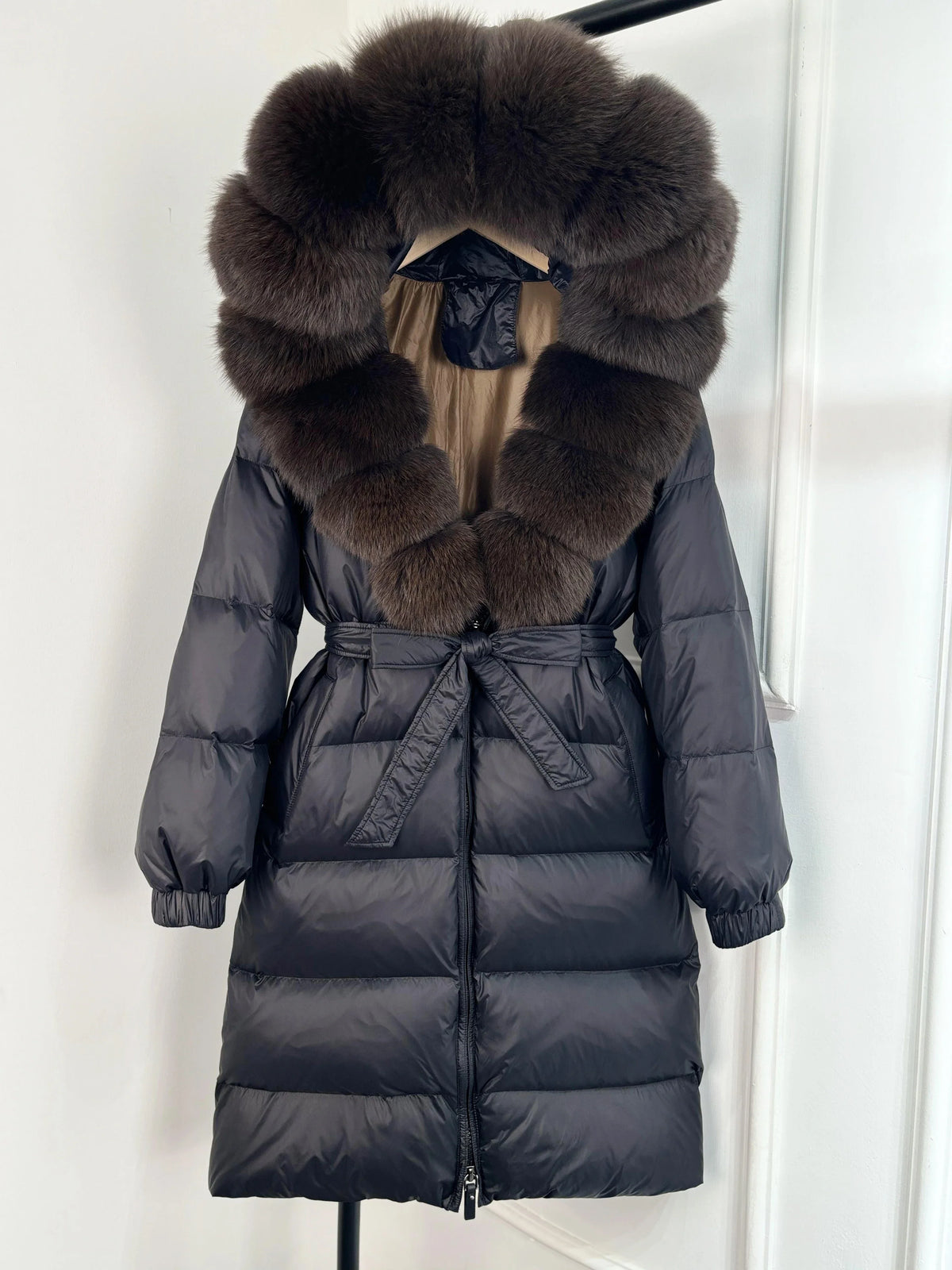 Women's black down coat with fur hood, long winter coat, belt, warm jacket