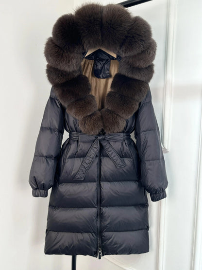Women's black down coat with fur hood, long winter coat, belt, warm jacket