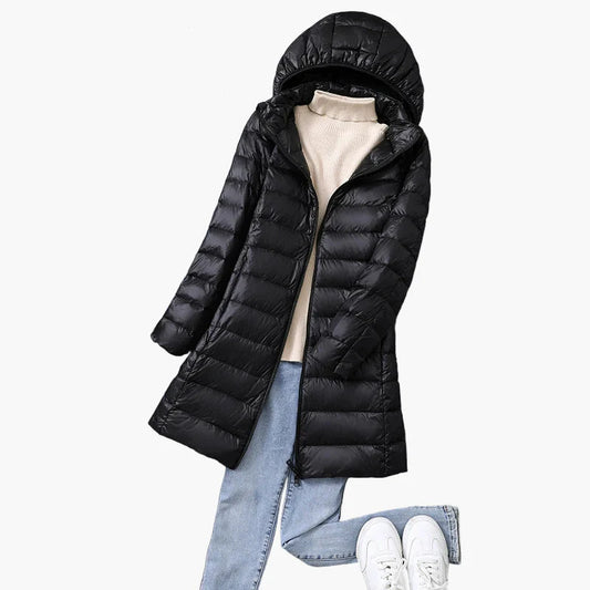 Women's winter quilted coat with hood – fashionable long coat for everyday and outdoor use