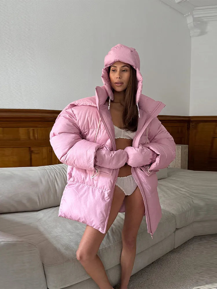 Damen Oversize Steppjacke mit Kapuze und Handschuhen