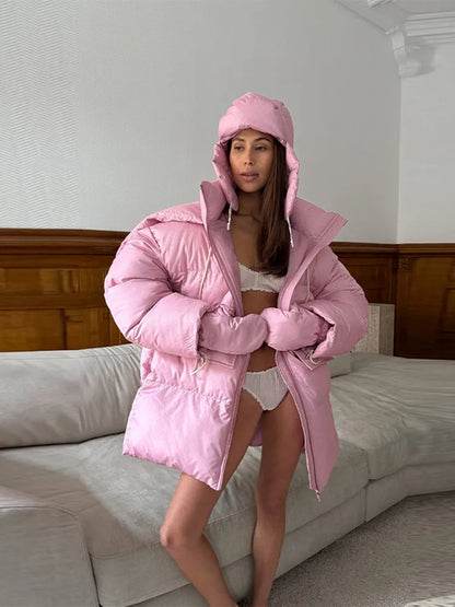 Damen Oversize Steppjacke mit Kapuze und Handschuhen