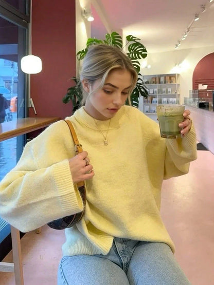 Yellow women's sweater, crew neck, long sleeve, relaxed fit