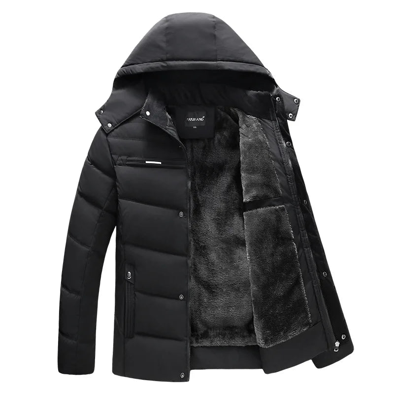 Men's hooded winter jacket, lined quilted jacket with zipper & buttons