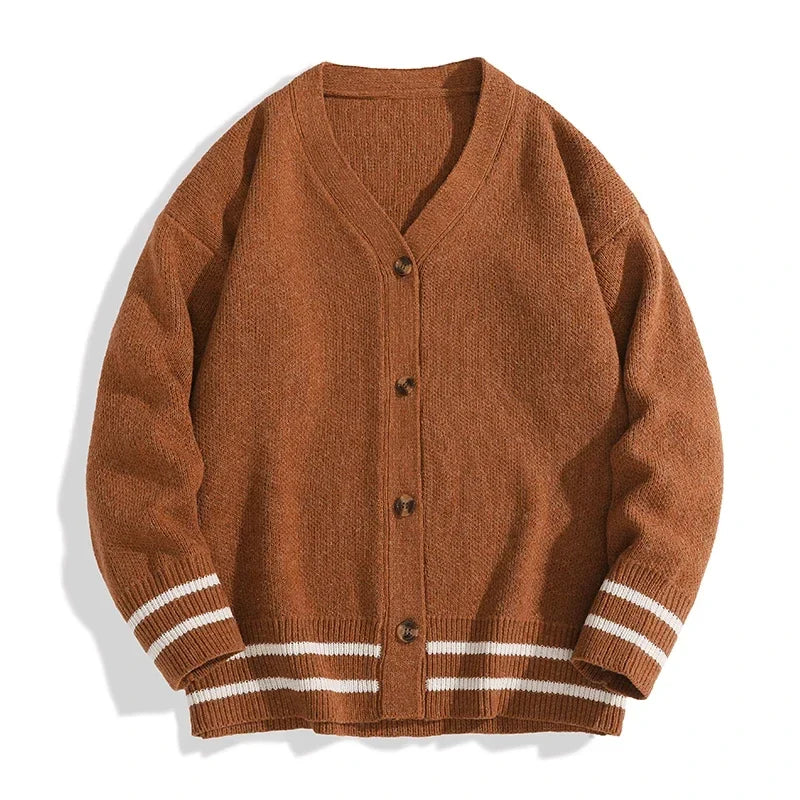 Unisex V-neck cardigan with striped sleeves and button placket
