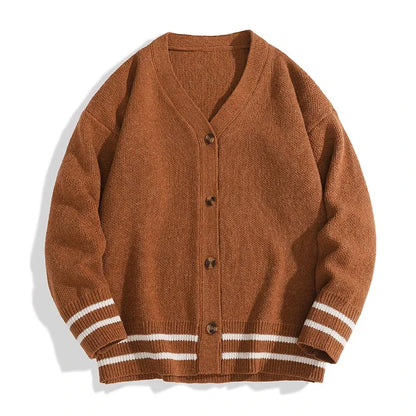 Unisex V-neck cardigan with striped sleeves and button placket