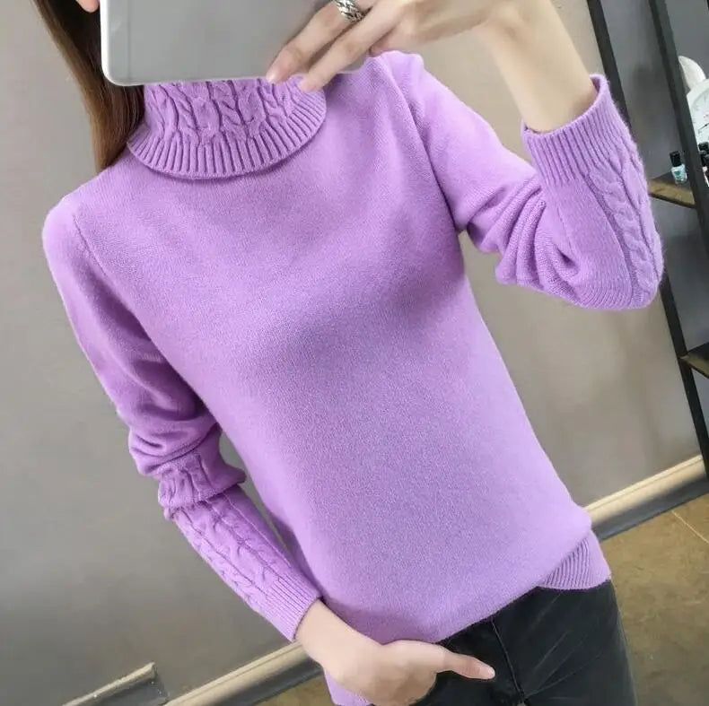Women's turtleneck knitted sweater with cable-knit sleeves