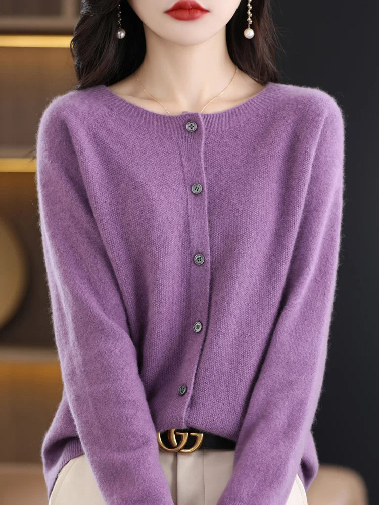 Women's crew-neck knitted cardigan with button placket, long-sleeve