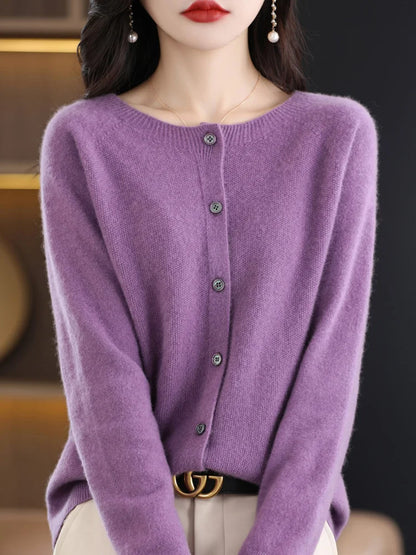 Women's crew-neck knitted cardigan with button placket, long-sleeve