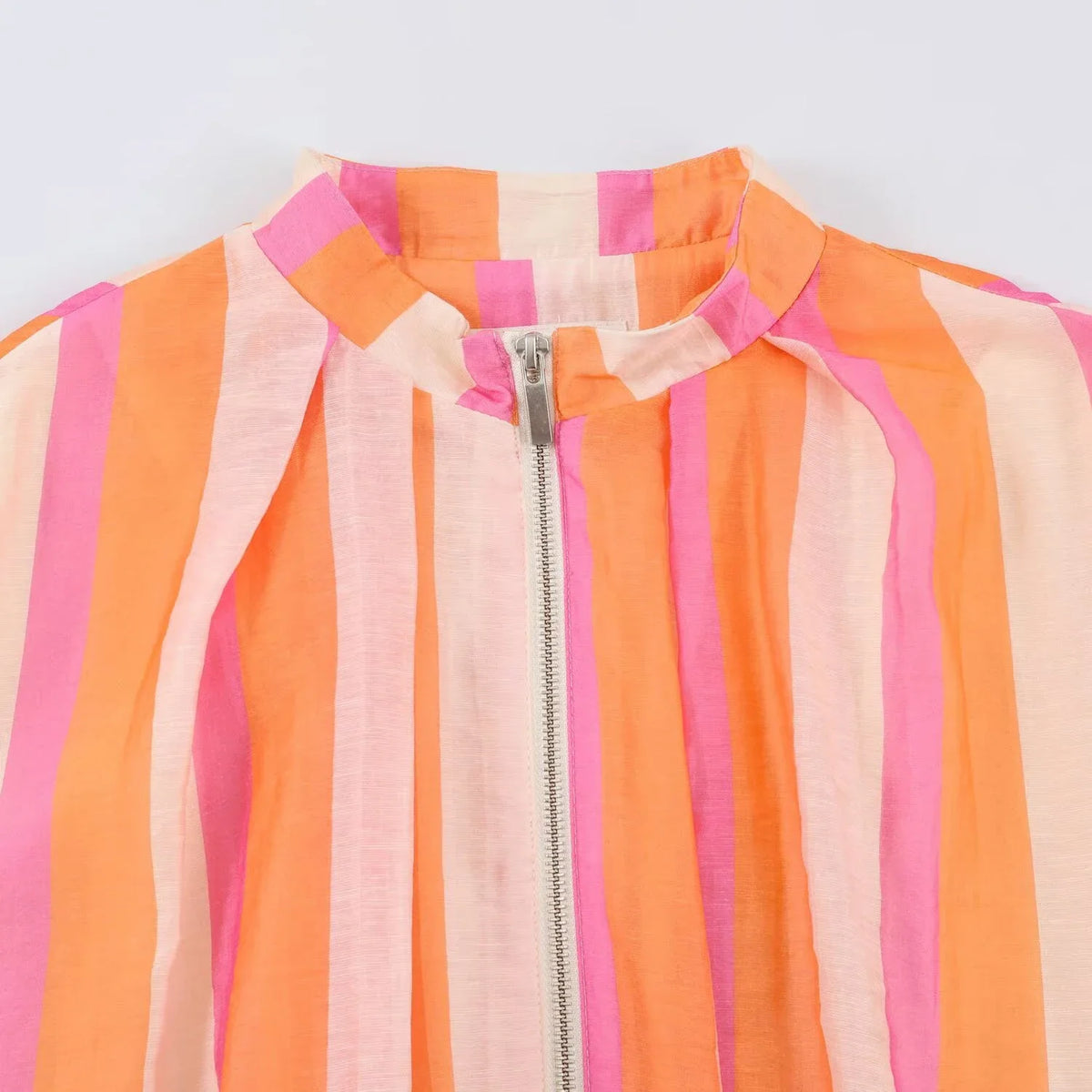 Damen Bluse Jacke Stehkragen Reißverschluss Bauschärmel Gestreift