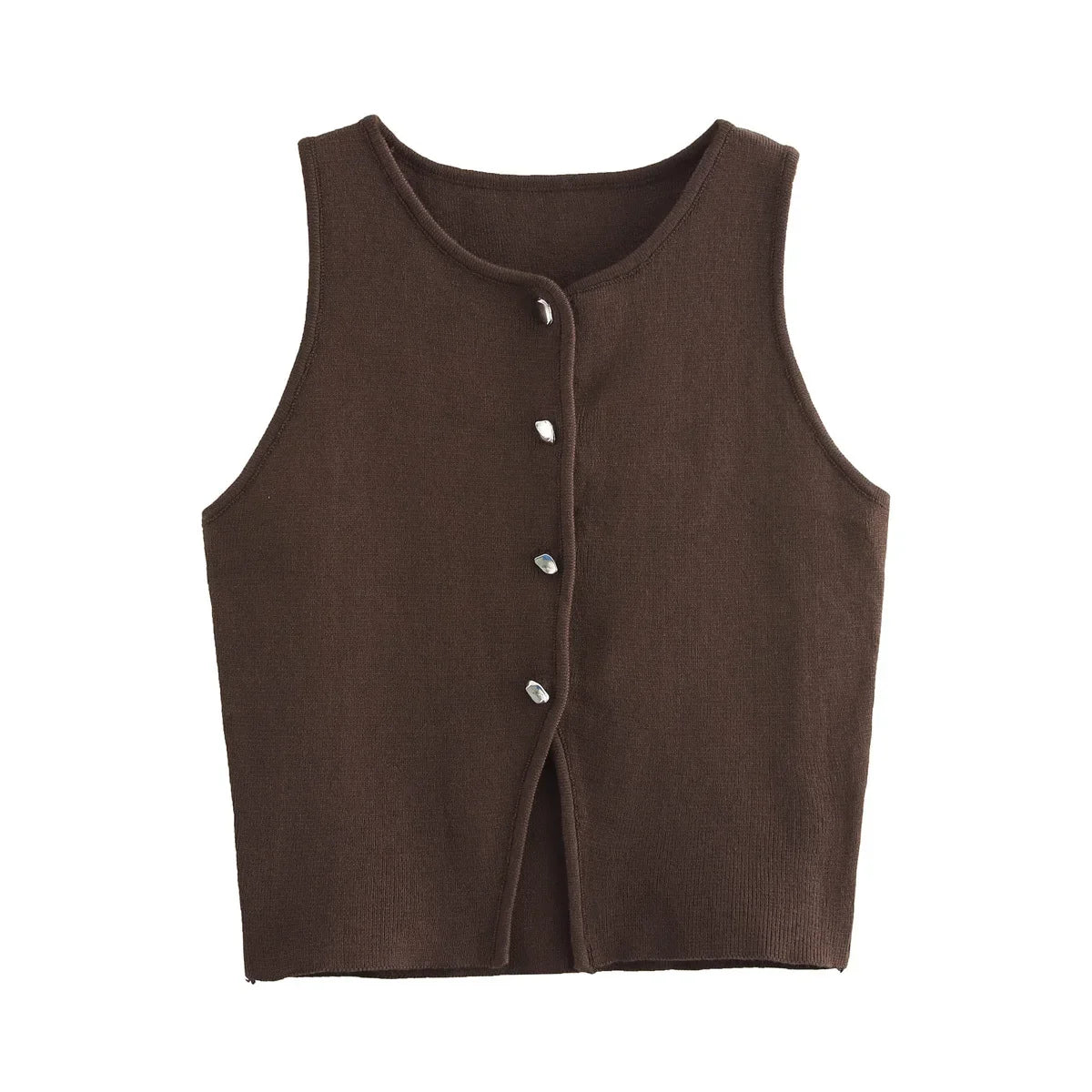 Damen Ärmelloses Stricktop mit Rundhals und Knopfleiste Kurz geschnitten