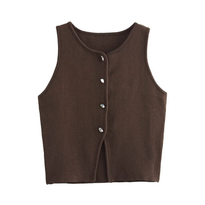 Damen Ärmelloses Stricktop mit Rundhals und Knopfleiste Kurz geschnitten