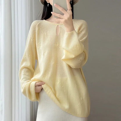 Damen Pullover Langarm Rundhals mit Cut-Out und Muster