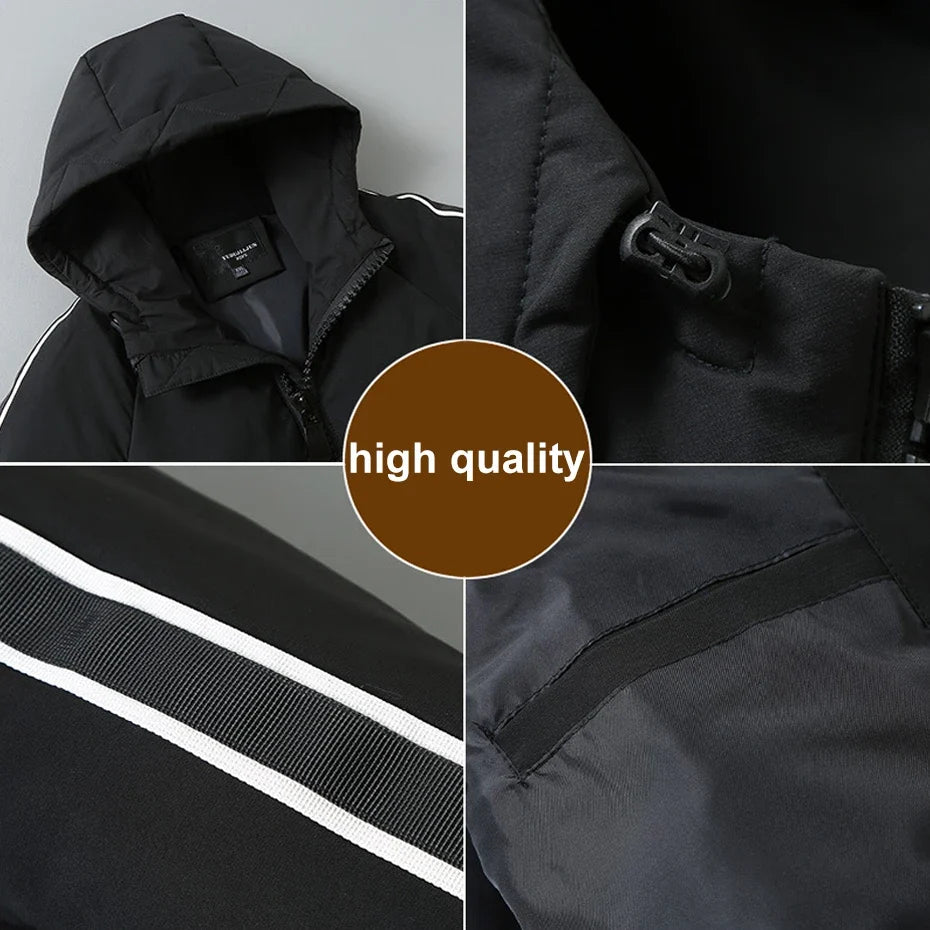Men's Black Winter Parka with Hood and Striped Sleeves