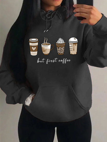 Women's hoodie with coffee cup print, hood, and kangaroo pocket
