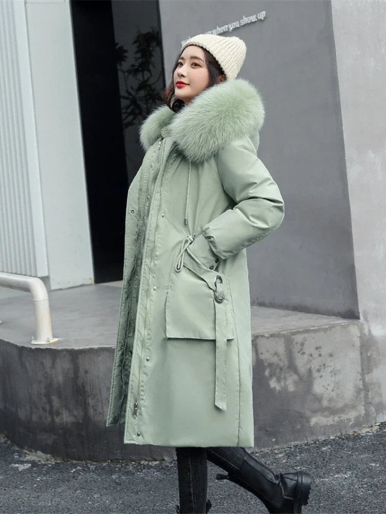 Women's winter parka with detachable hood and faux-fur trim