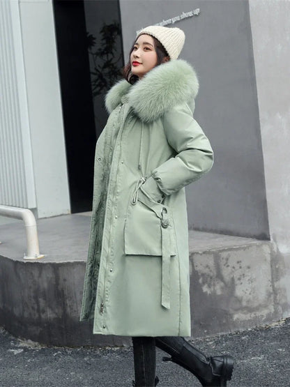 Women's winter parka with detachable hood and faux-fur trim