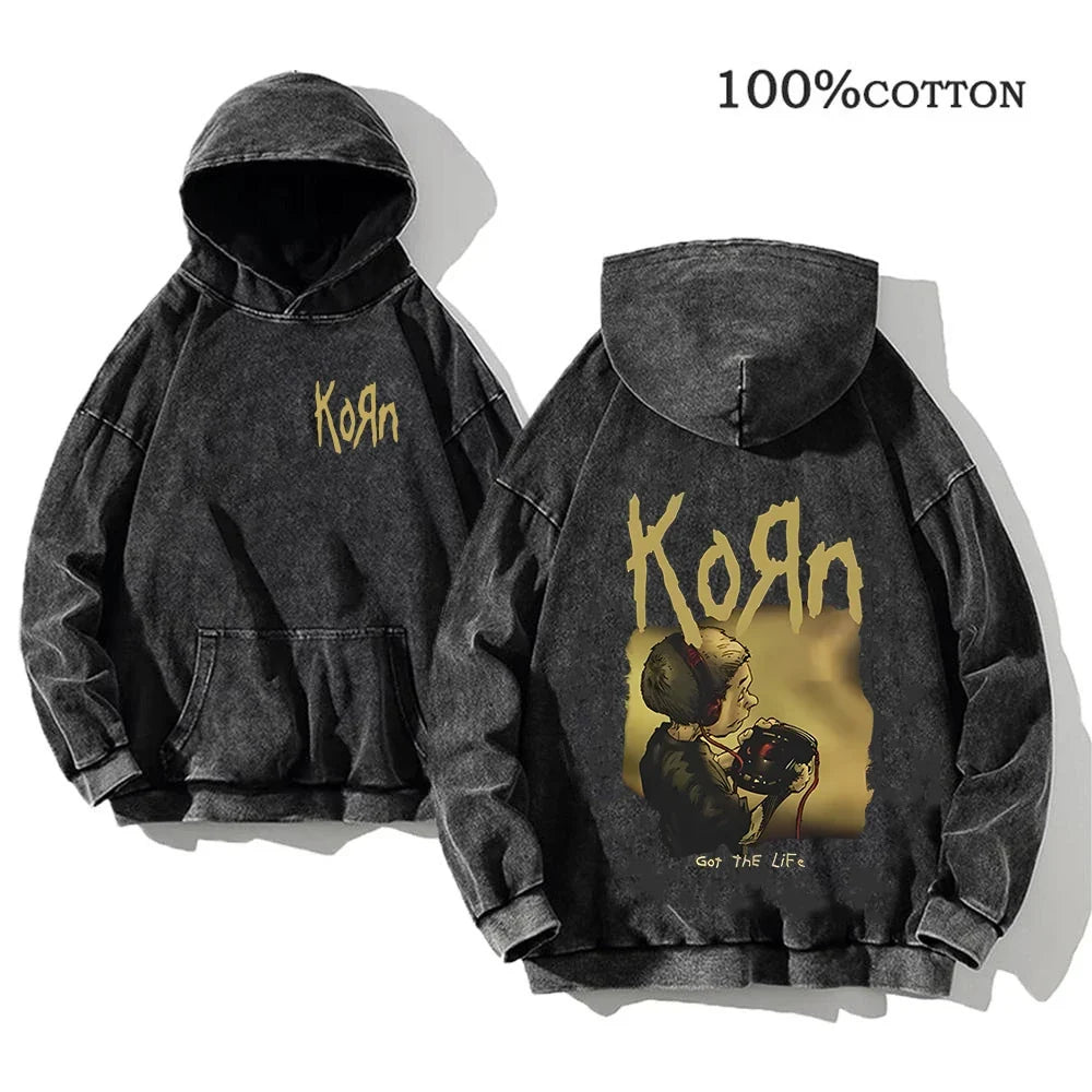 Hoodie Schwarz Grau Washed Oversize mit Band-Print Vorn & Hinten