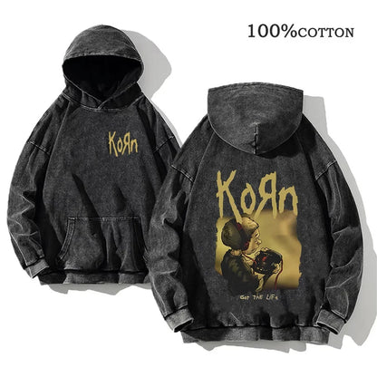 Hoodie Schwarz Grau Washed Oversize mit Band-Print Vorn & Hinten