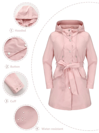 Damen Kurzmantel mit Kapuze und Gürtel, Übergangsjacke mit Knöpfen, Langarm Trenchcoat