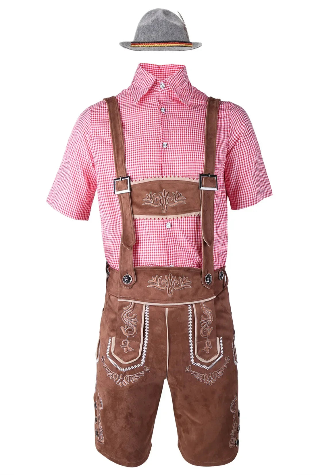 Men’s traditional outfit: lederhosen, shirt, hat, quilted details, various colors
