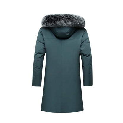 Men's winter parka with hood and faux fur collar, long winter jacket