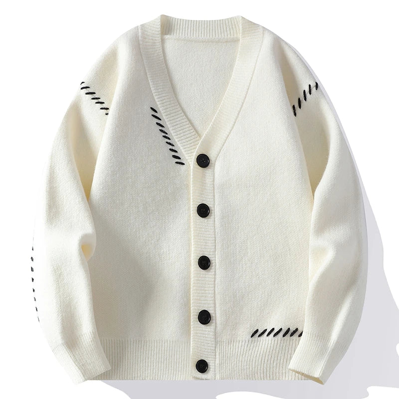 Unisex Strickjacke V-Ausschnitt Strick Cardigan mit Kontrastnähten Grün