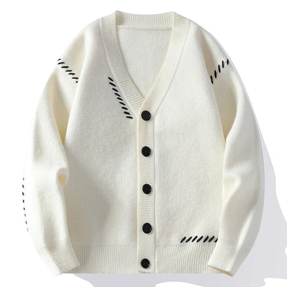 Unisex Strickjacke V-Ausschnitt Strick Cardigan mit Kontrastnähten Grün