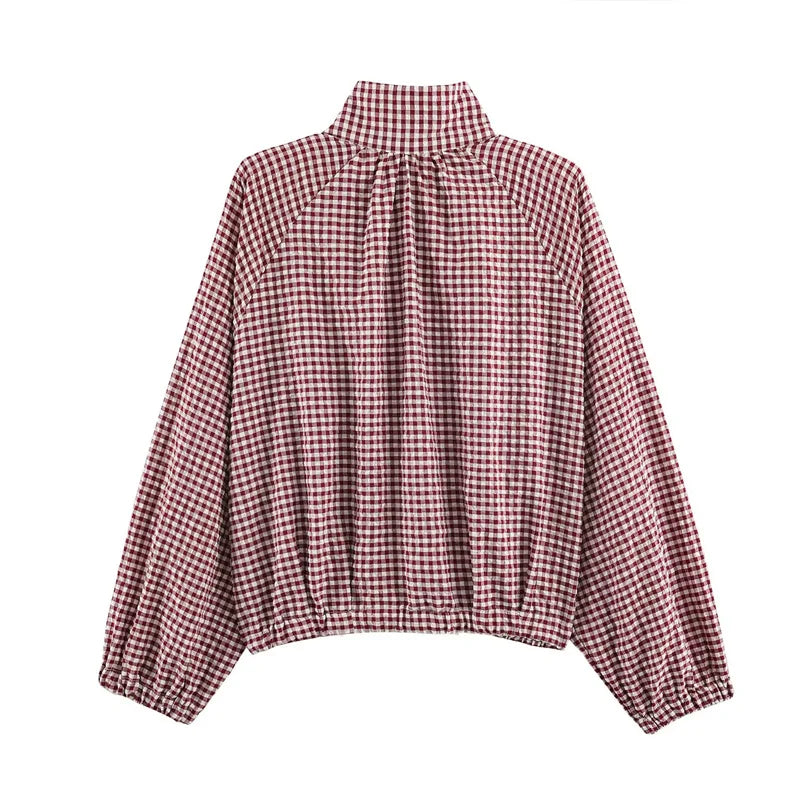 Damen Bluse mit Stehkragen und Vichy-Karo Muster – Langarm, verstellbarer Saum